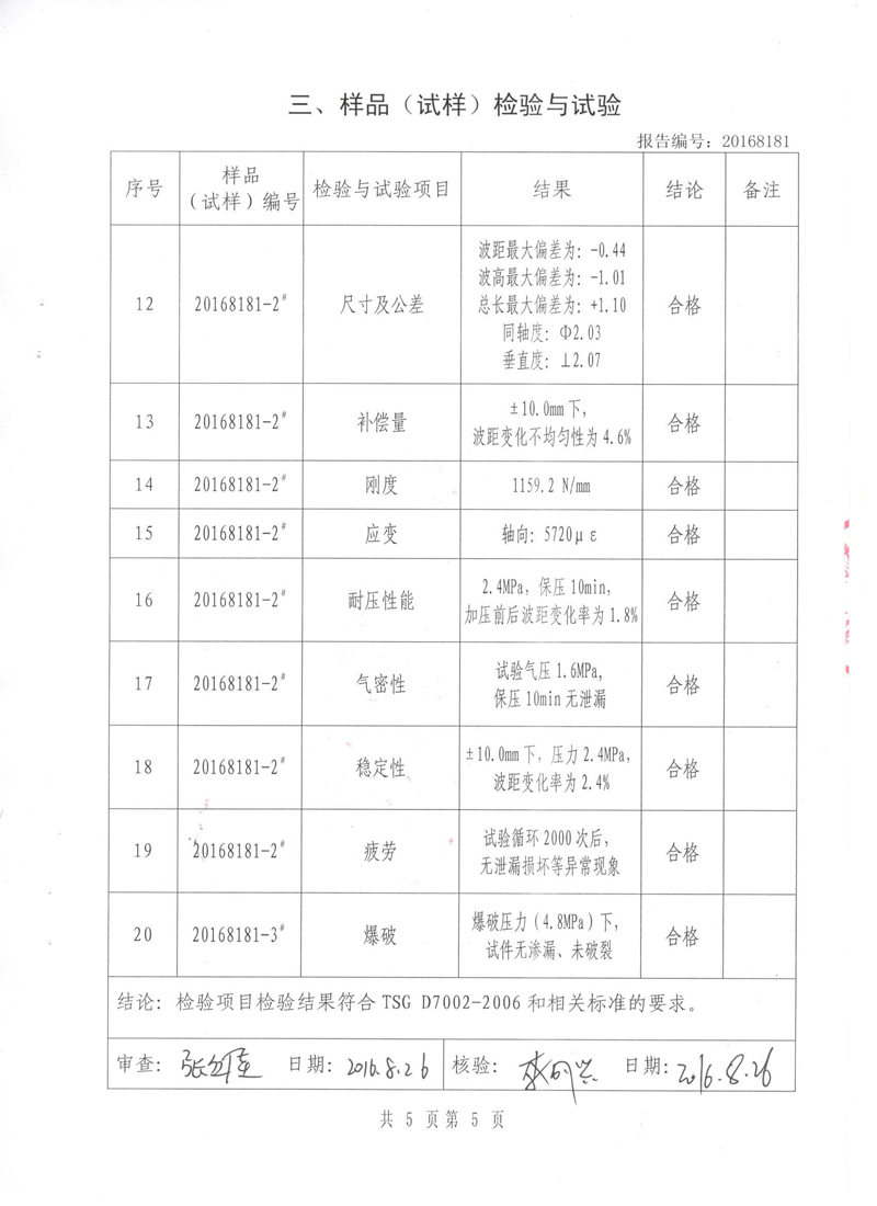 《波纹补偿器》型式实验报告 淞江集团中*认可检测的检验报告